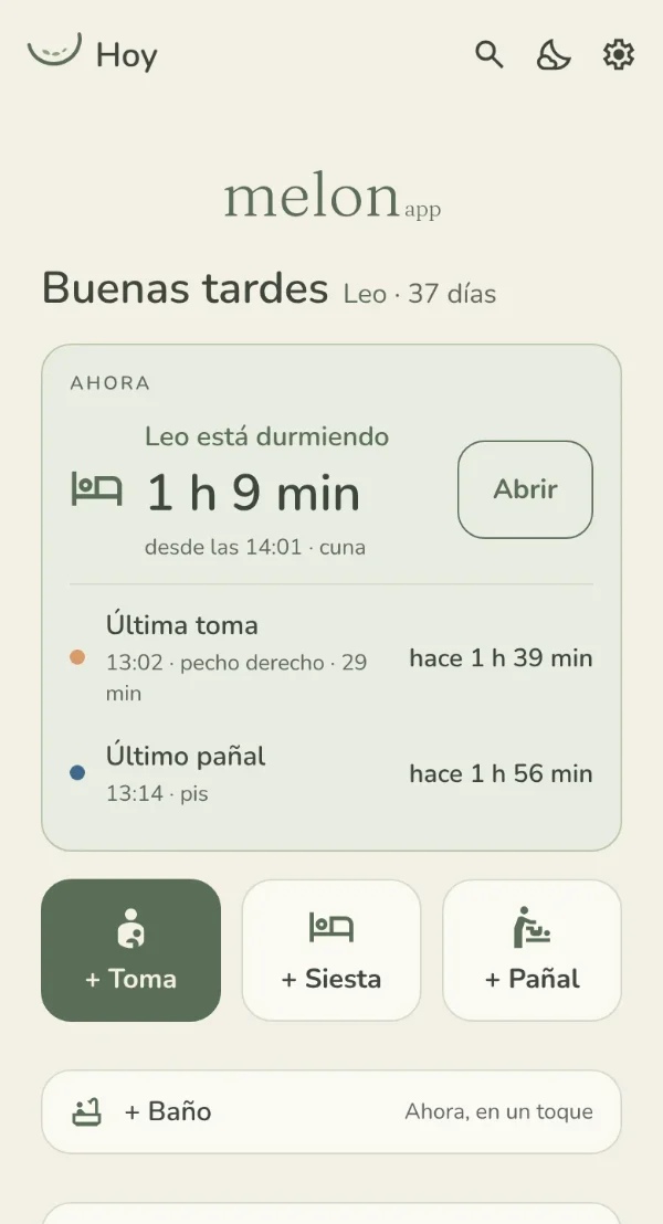 Hoy en el móvil de Lucía: Leo está durmiendo desde las 14:01. Última toma, a las 13:02, pecho derecho.