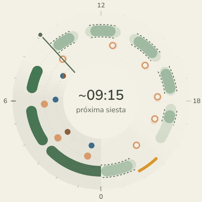 El reloj de MelonApp a las 09:00. Reloj del día: 7 h 50 min de sueño, 3 tomas y 4 pañales.
